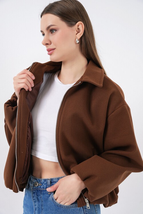 Kadın Büzgülü Oversize Kaşe Ceket 0728 - Sütlü Kahve