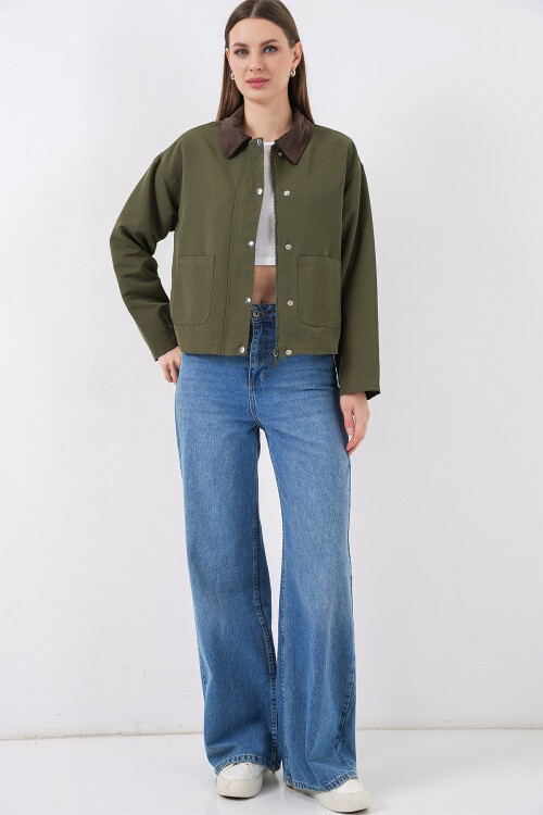 Kadın Cep Detaylı Kısa Ceket 5975 - Haki