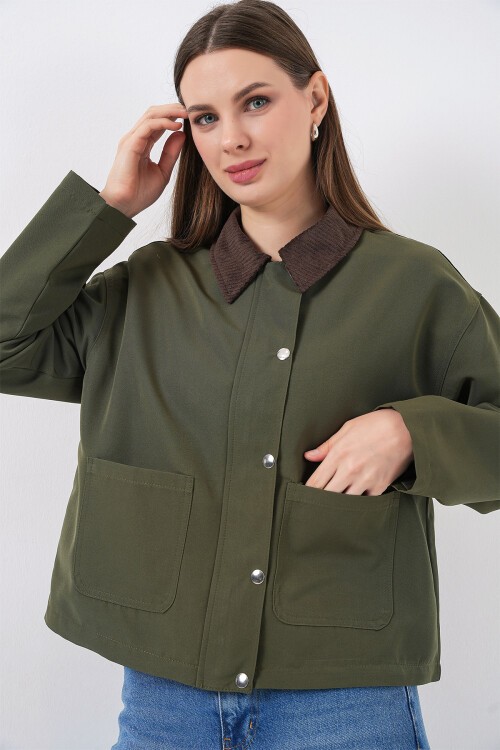 Kadın Cep Detaylı Kısa Ceket 5975 - Haki