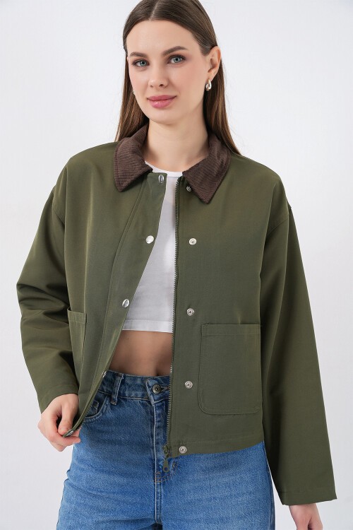 Kadın Cep Detaylı Kısa Ceket 5975 - Haki