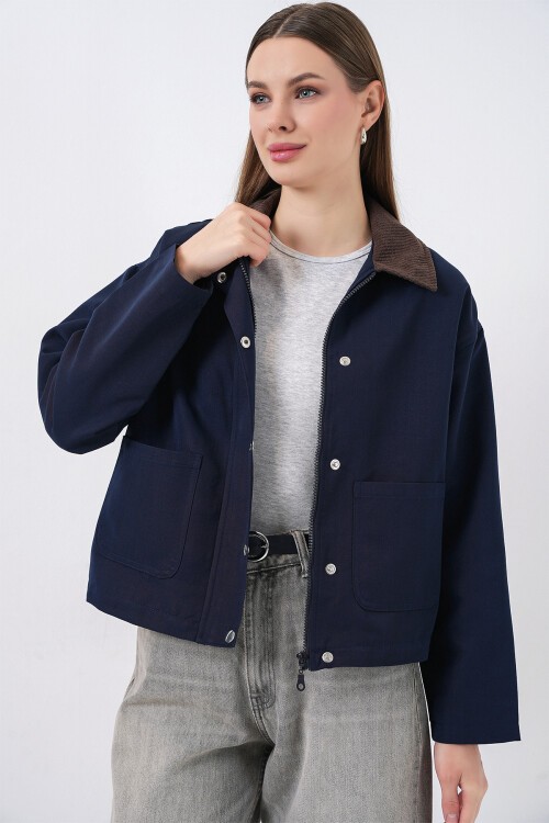 Kadın Cep Detaylı Kısa Ceket 5975 - Lacivert