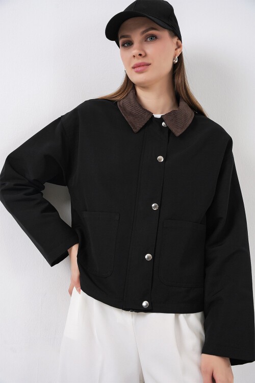 Kadın Cep Detaylı Kısa Ceket 5975 - Siyah