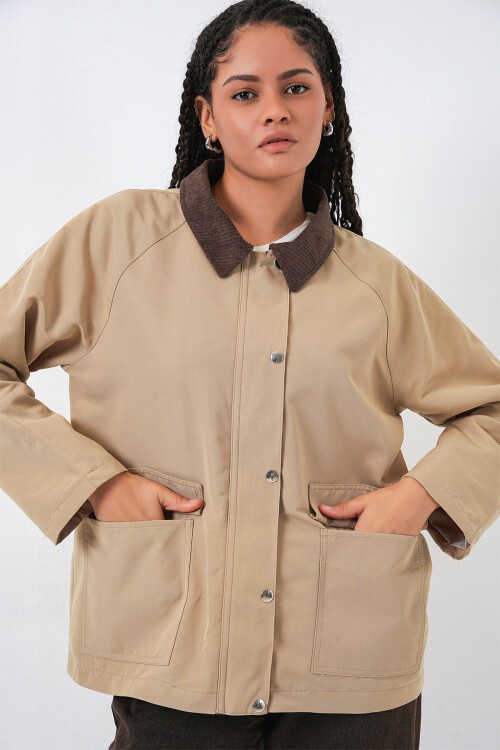 Kadın Cep Detaylı Oversize Ceket 5973 - Bej