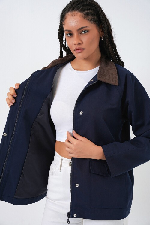 Kadın Cep Detaylı Oversize Ceket 5973 - Lacivert