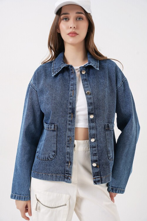 Kadın Çift Cepli Denim Ceket 0731 - Lacivert