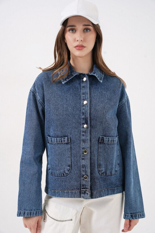 Kadın Çift Cepli Denim Ceket 0731 - Lacivert