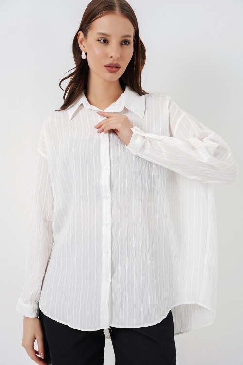 Kadın Çizgili Oversize Gömlek 20293 - Beyaz