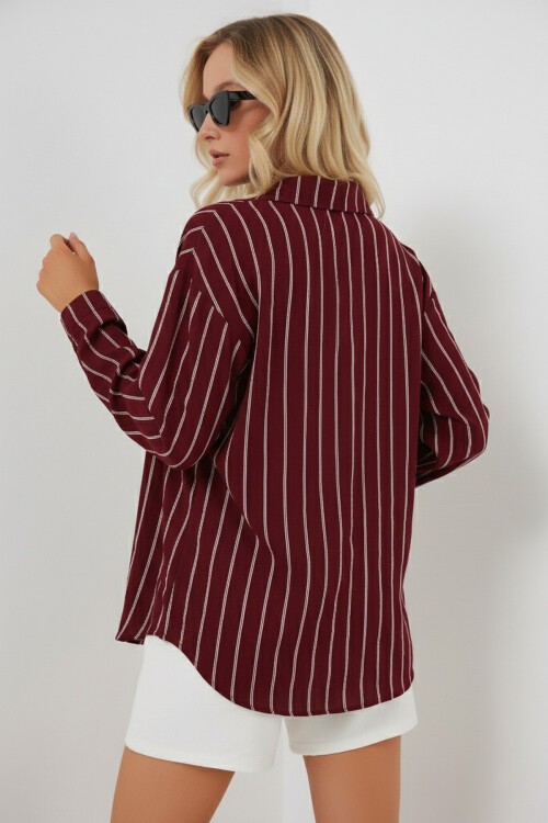 Kadın Çizgili Oversize Gömlek 20293 - Bordo