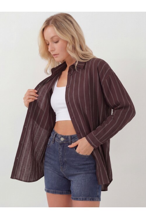 Kadın Çizgili Oversize Gömlek 20293 - Kahverengi