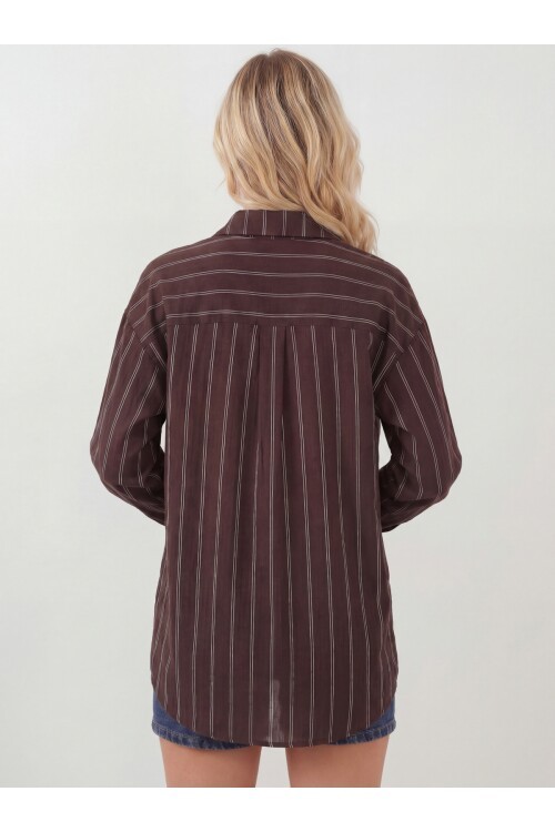 Kadın Çizgili Oversize Gömlek 20293 - Kahverengi