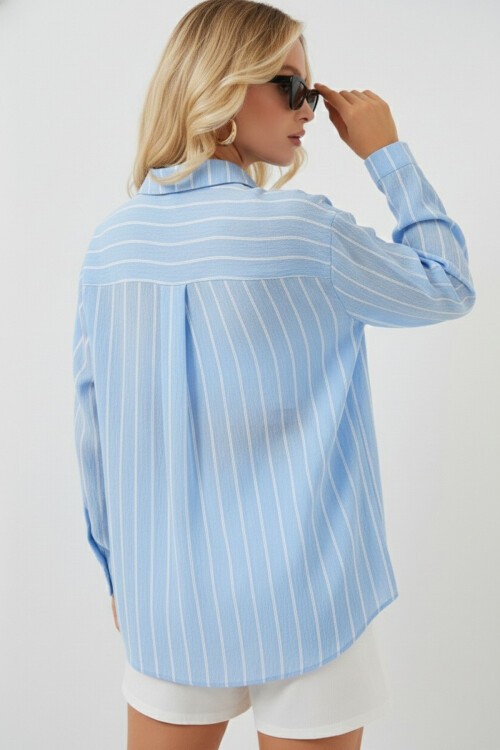 Kadın Çizgili Oversize Gömlek 20293 - Mavi