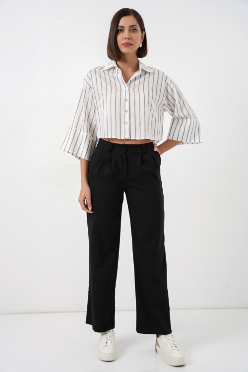 Kadın Çizgili Oversize Kısa Gömlek 20326 - B.Beyaz