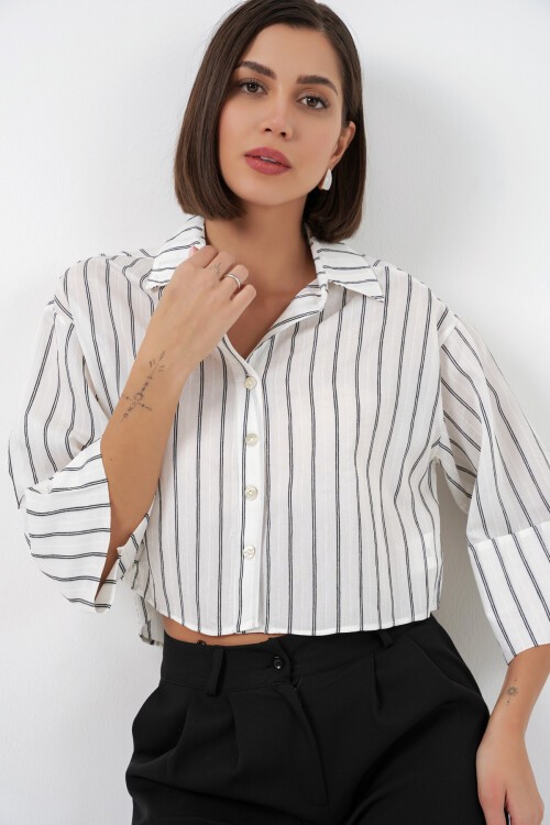 Kadın Çizgili Oversize Kısa Gömlek 20326 - B.Beyaz
