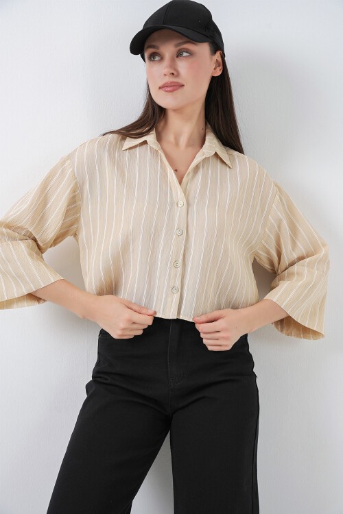 Kadın Çizgili Oversize Kısa Gömlek 20326 - Bej