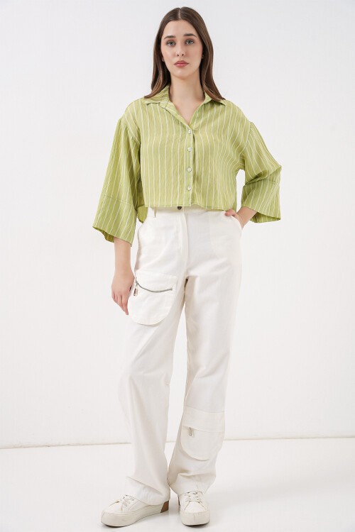 Kadın Çizgili Oversize Kısa Gömlek 20326 - E.Yeşil