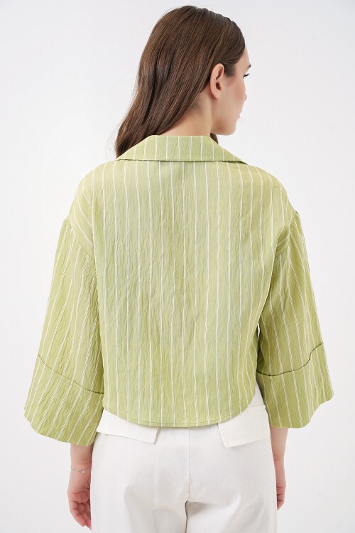 Kadın Çizgili Oversize Kısa Gömlek 20326 - E.Yeşil