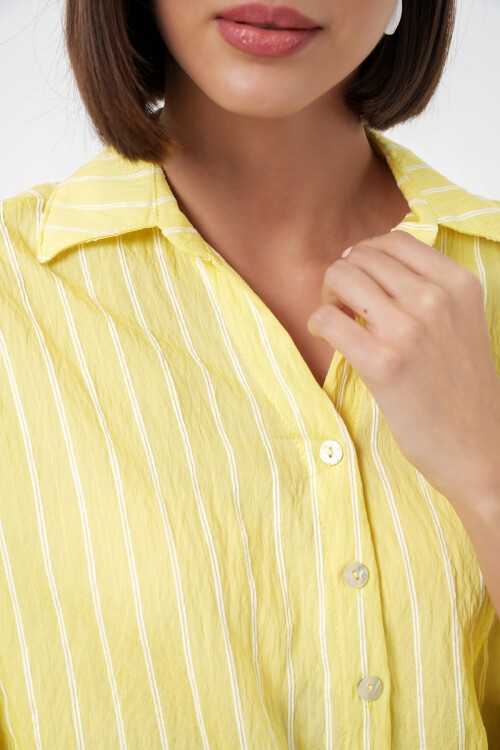 Kadın Çizgili Oversize Kısa Gömlek 20326 - Sarı