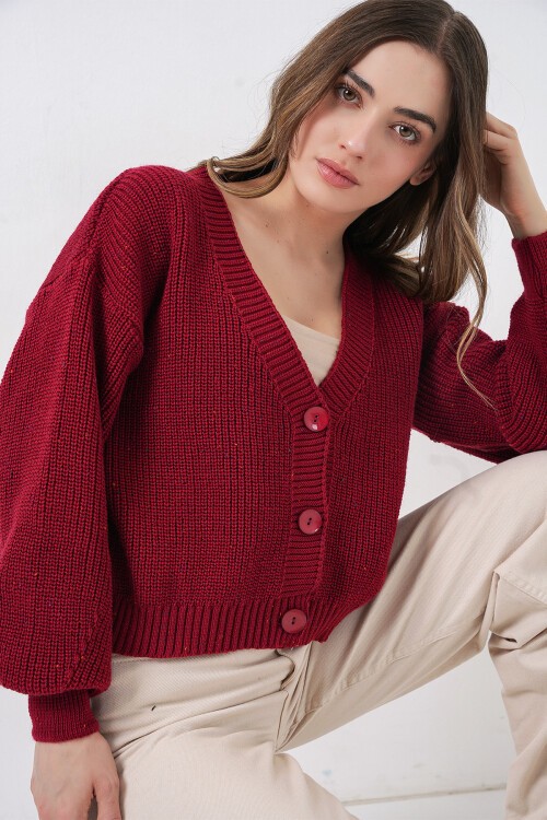 Kadın Crop Triko Hırka 15955 - Bordo