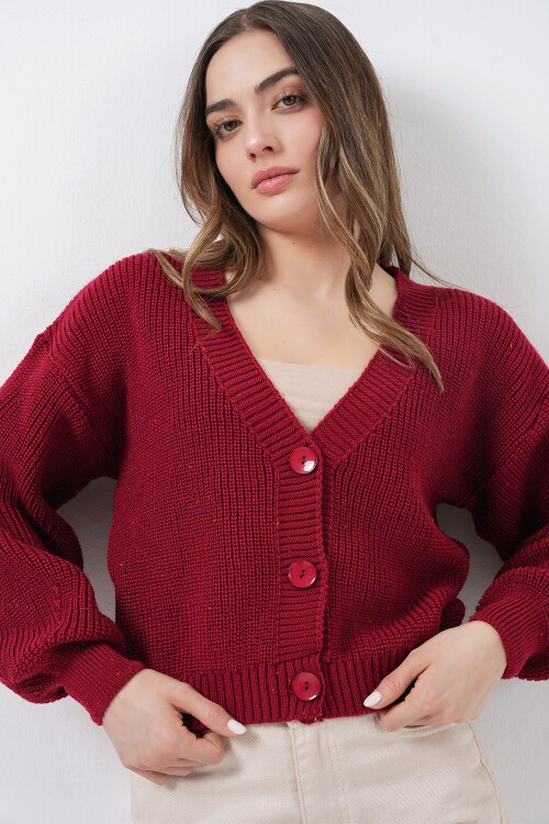 Kadın Crop Triko Hırka 15955 - Bordo