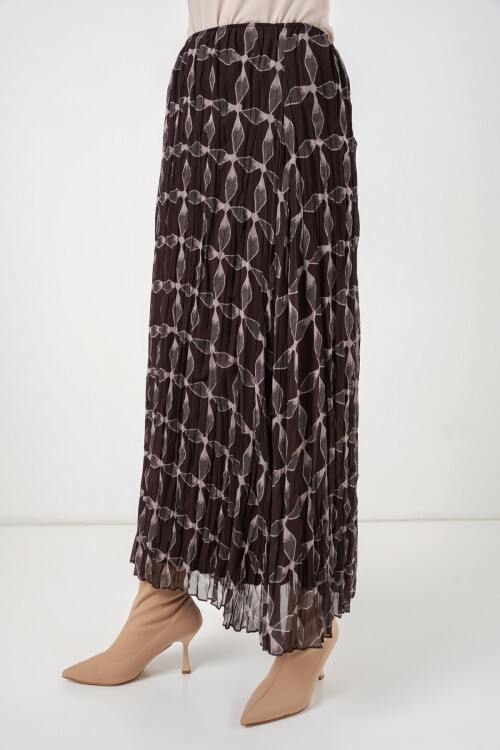 Kadın Desenli Astarlı Şifon Etek 8058 - Kahverengi