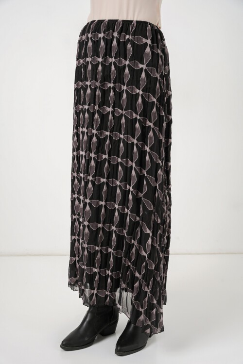 Kadın Desenli Astarlı Şifon Etek 8058 - Siyah