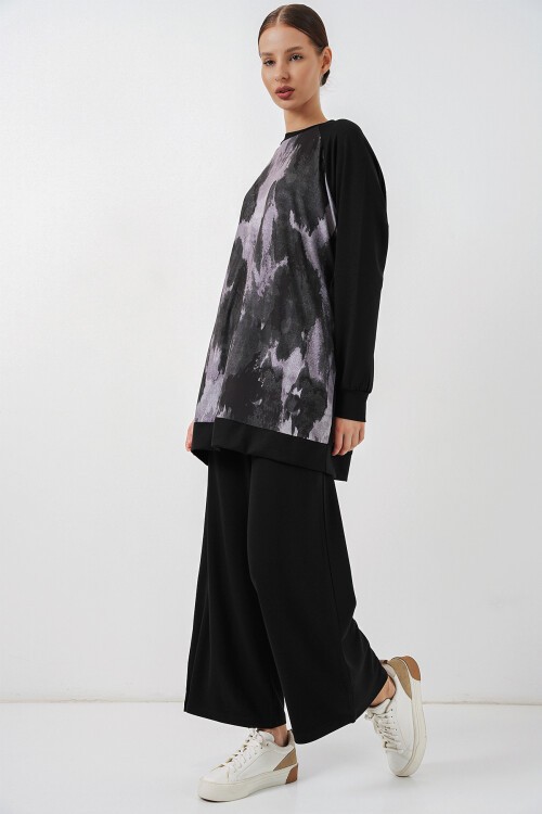 Kadın Desenli Oversize Tunik Pantolon İkili Takım 55462 - Siyah