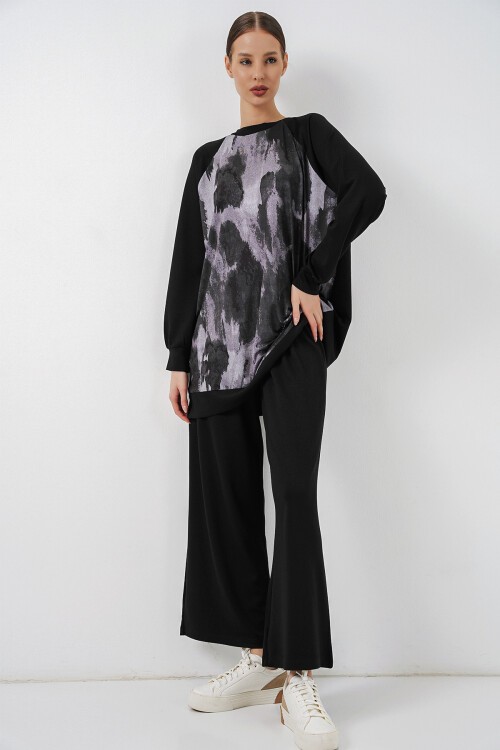 Kadın Desenli Oversize Tunik Pantolon İkili Takım 55462 - Siyah