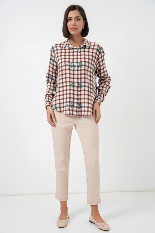 Kadın Desenli Oversize Viskon Gömlek 20371 - Kahverengi