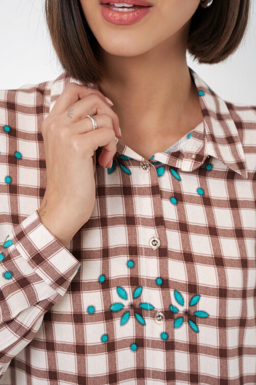 Kadın Desenli Oversize Viskon Gömlek 20371 - Kahverengi