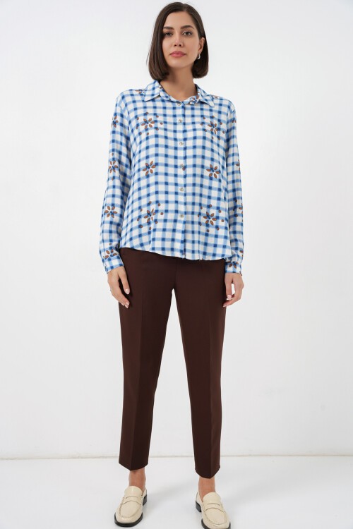 Kadın Desenli Oversize Viskon Gömlek 20371 - Mavi