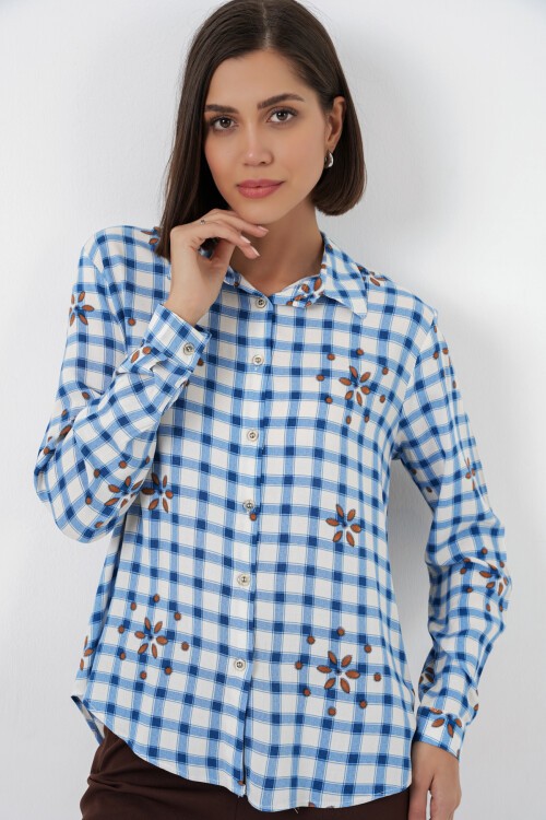 Kadın Desenli Oversize Viskon Gömlek 20371 - Mavi