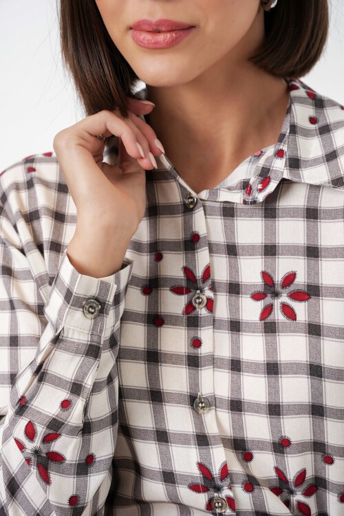 Kadın Desenli Oversize Viskon Gömlek 20371 - Siyah