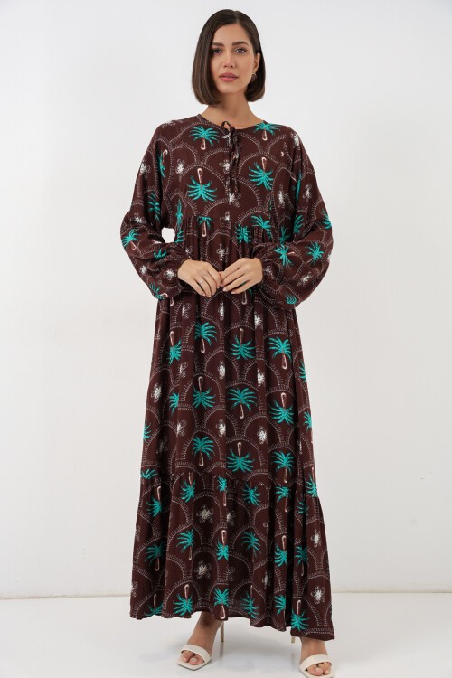 Kadın Desenli Tesettür Elbise 2594 - Kahverengi