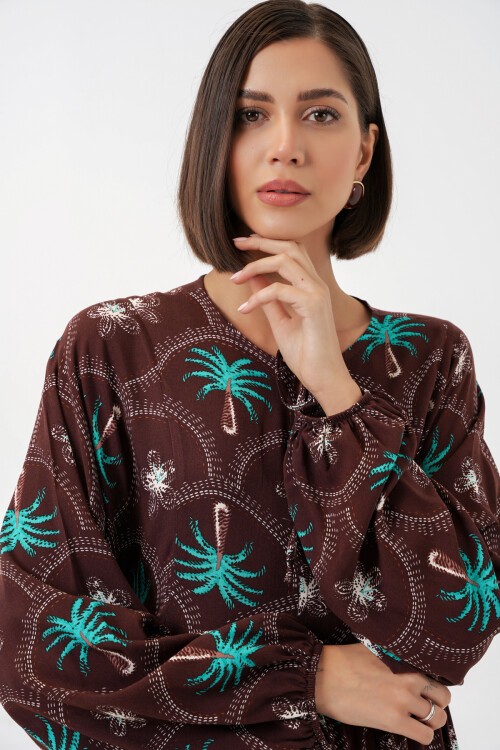 Kadın Desenli Tesettür Elbise 2594 - Kahverengi