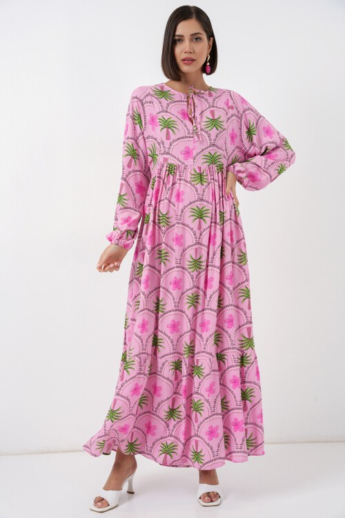 Kadın Desenli Tesettür Elbise 2594 - Pembe