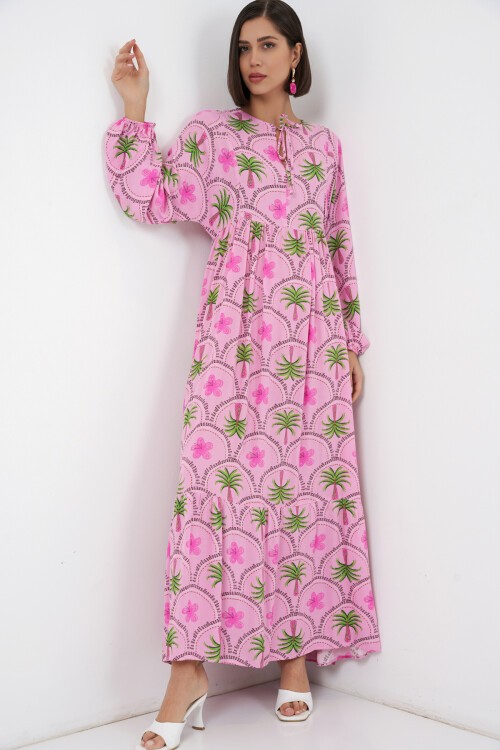 Kadın Desenli Tesettür Elbise 2594 - Pembe