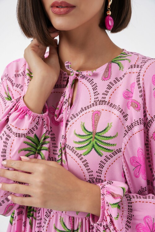 Kadın Desenli Tesettür Elbise 2594 - Pembe