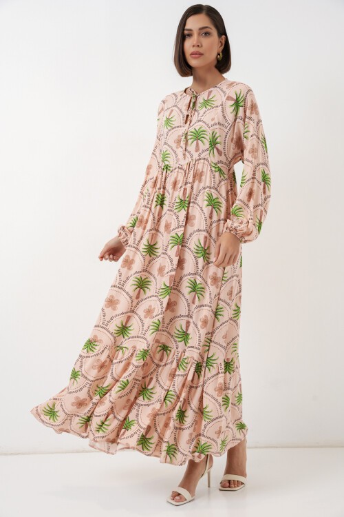 Kadın Desenli Tesettür Elbise 2594 - Pudra