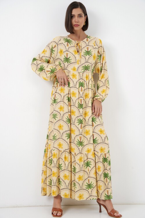 Kadın Desenli Tesettür Elbise 2594 - Sarı