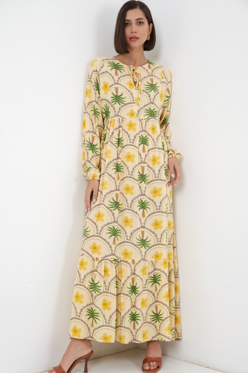 Kadın Desenli Tesettür Elbise 2594 - Sarı