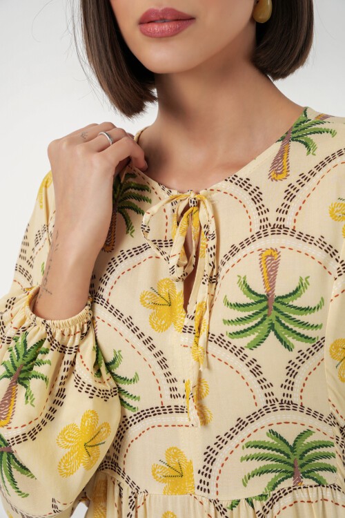 Kadın Desenli Tesettür Elbise 2594 - Sarı