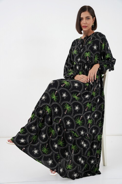 Kadın Desenli Tesettür Elbise 2594 - Siyah