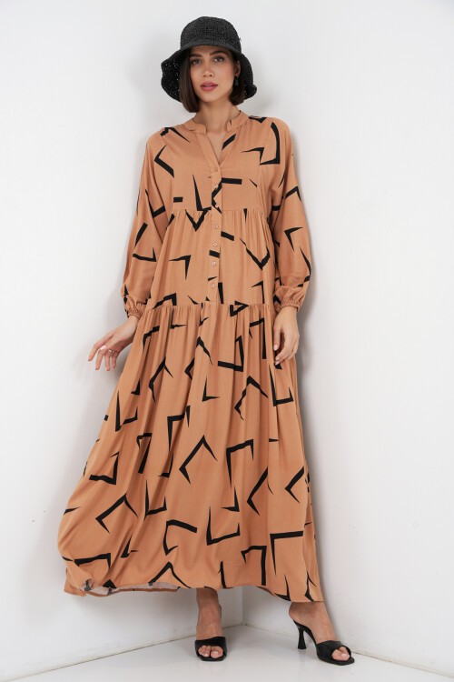 Kadın Desenli Uzun Tesettür Elbise 2585 - A. Vizon