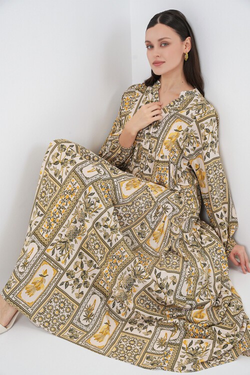 Kadın Desenli Uzun Tesettür Elbise 2585 - A.Hardal