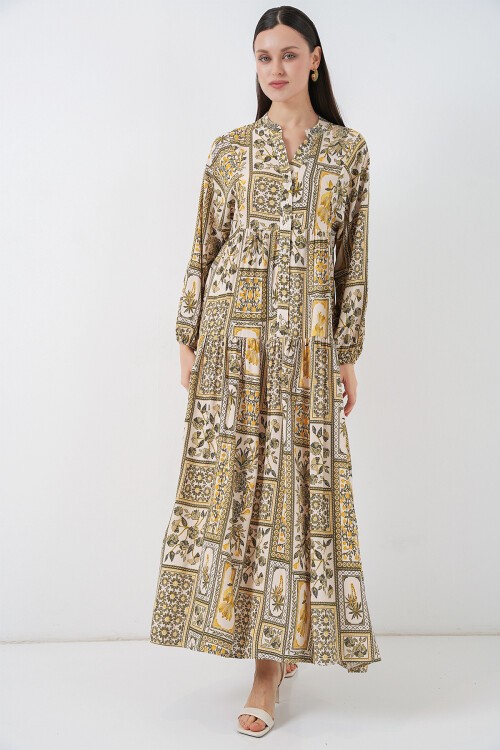 Kadın Desenli Uzun Tesettür Elbise 2585 - A.Hardal