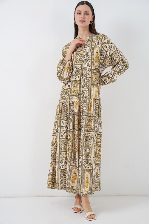 Kadın Desenli Uzun Tesettür Elbise 2585 - A.Hardal