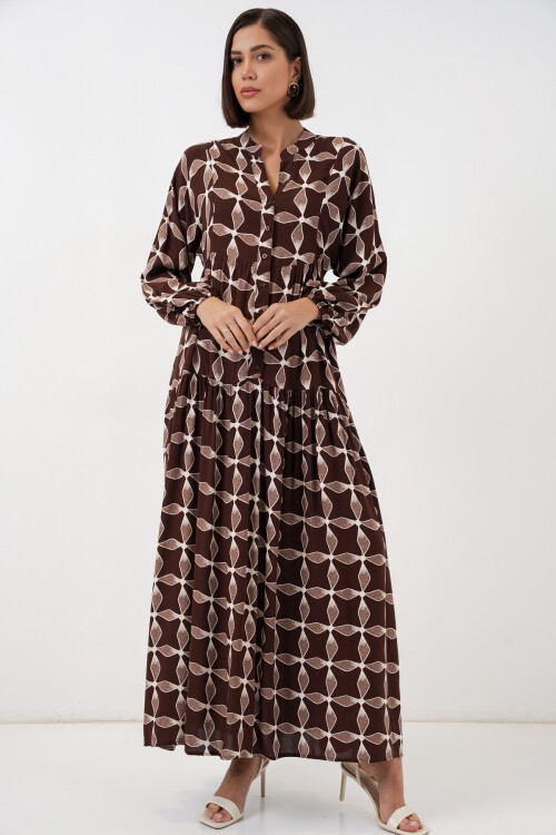 Kadın Desenli Uzun Tesettür Elbise 2585 - A.Kahve