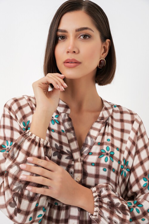 Kadın Desenli Uzun Tesettür Elbise 2585 - A.Taba