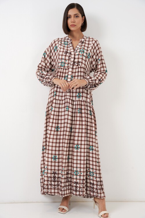 Kadın Desenli Uzun Tesettür Elbise 2585 - A.Taba