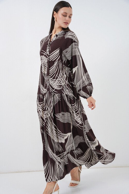 Kadın Desenli Uzun Tesettür Elbise 2585 - B.Kahverengi